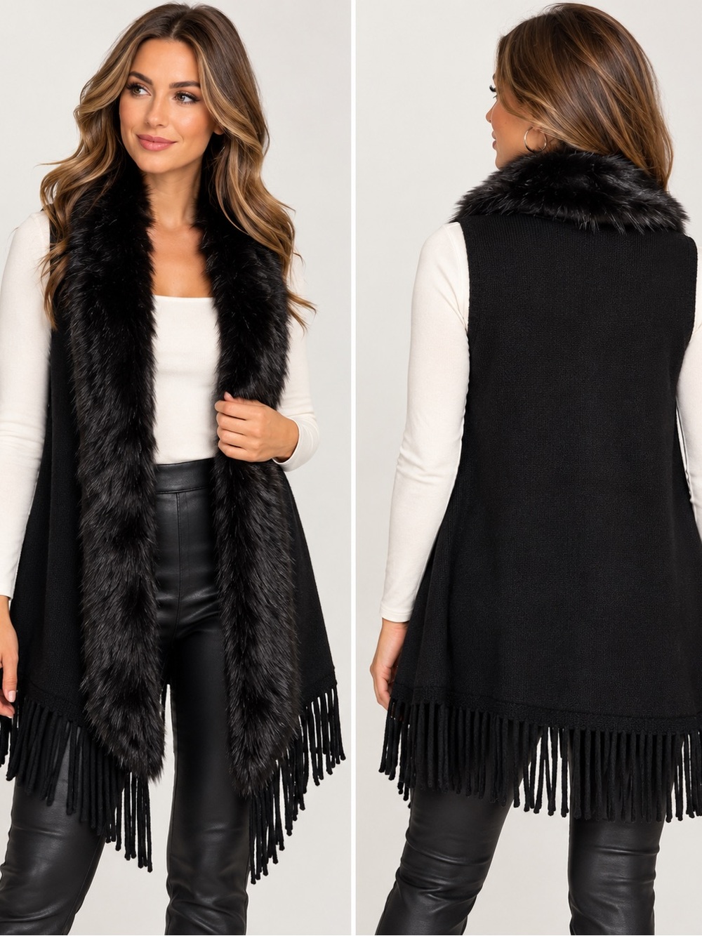 G by Giuliana Rancic Black Faux Fur Fringe Draped Vest Boho Glam